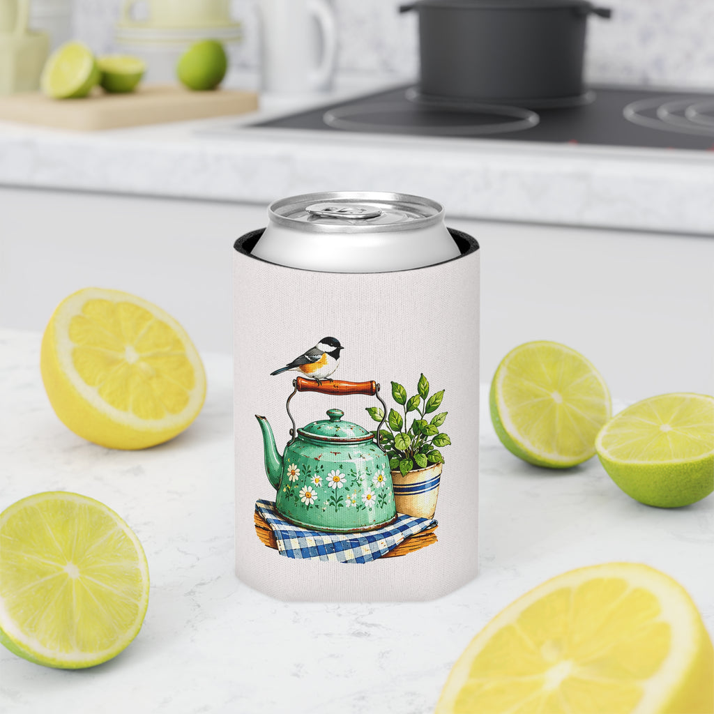 Vintage Teapot & Songbird Can Cooler