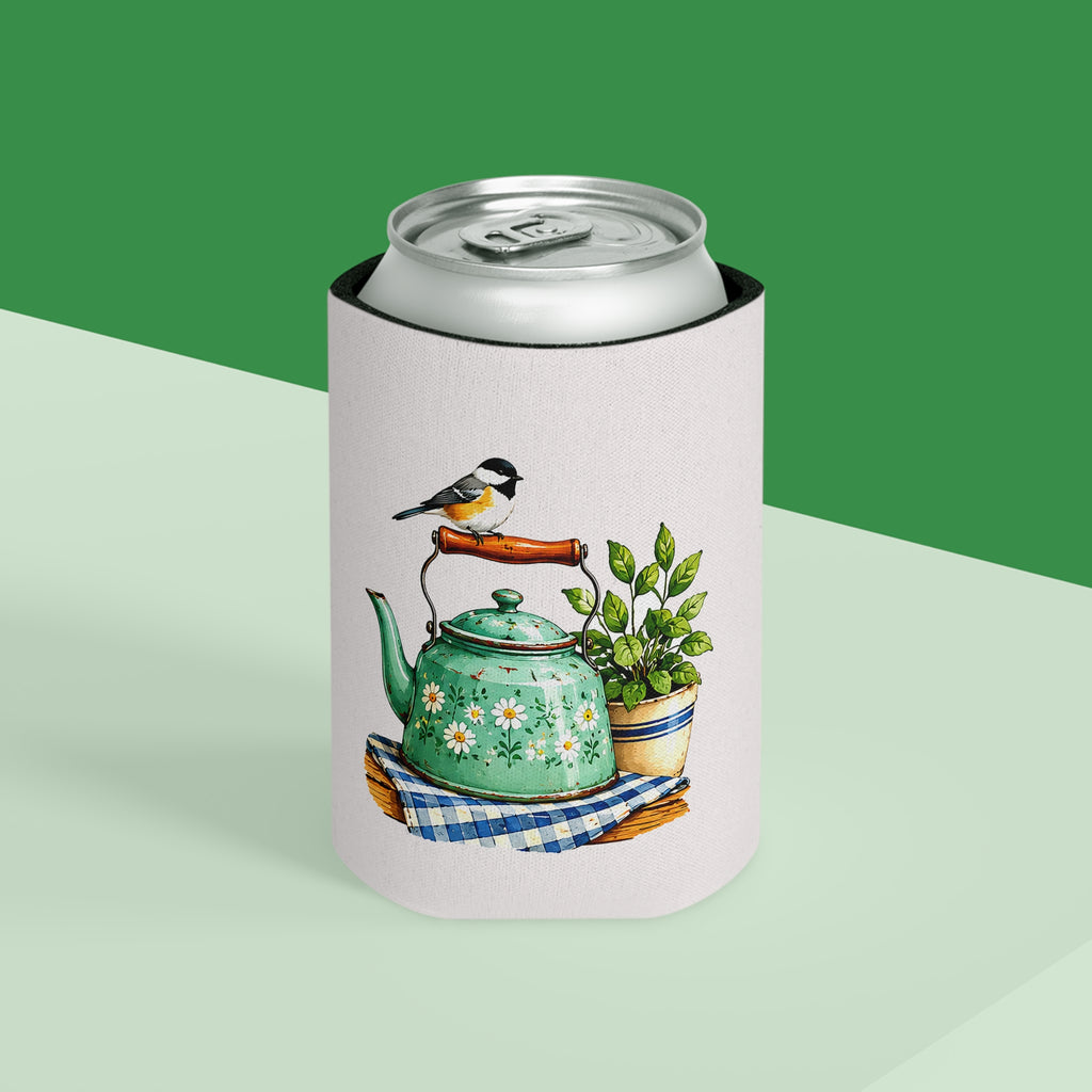 Vintage Teapot & Songbird Can Cooler