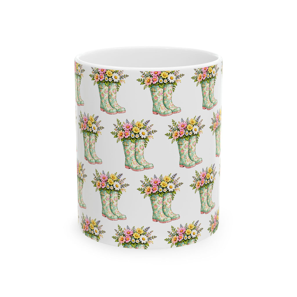 Floral Rain Boot Ceramic Mug — Watercolor Wildflower Bouquet Coffee Cup (11oz & 15oz)