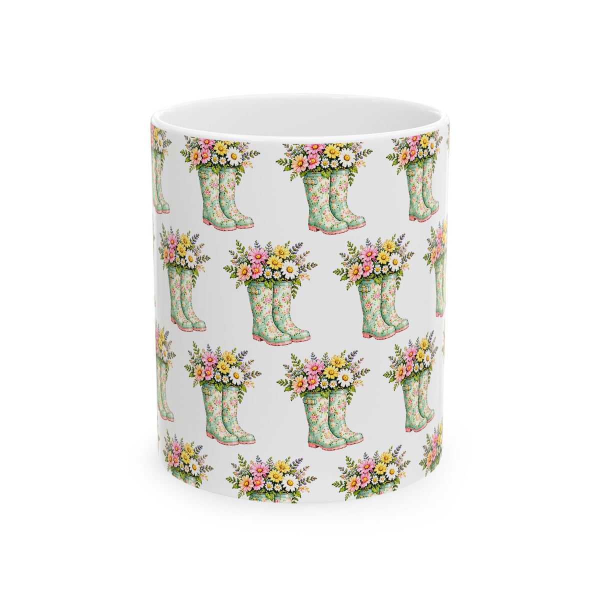 Floral Rain Boot Ceramic Mug — Watercolor Wildflower Bouquet Coffee Cup (11oz & 15oz)
