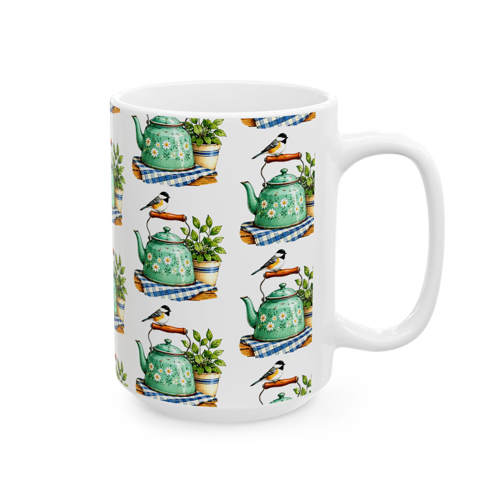 Botanical Teapot Ceramic Mug — Vintage Kitchen Plant Illustration (11oz & 15oz)