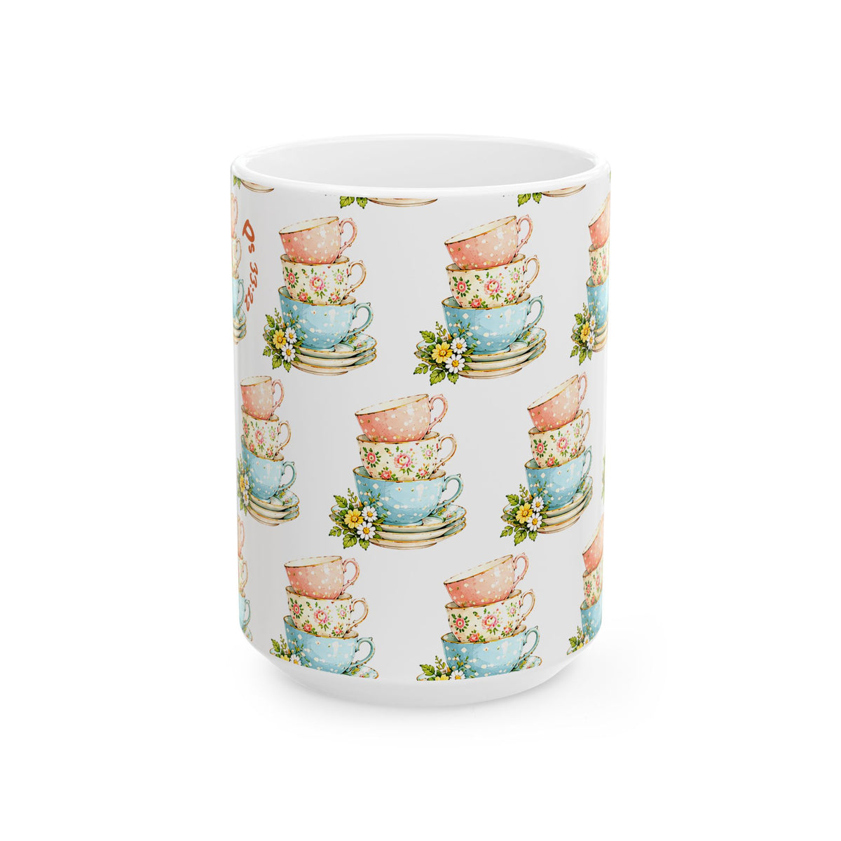 Stacked Teacups Floral Ceramic Mug – Vintage Tea Party Coffee Cup (11oz, 15oz)