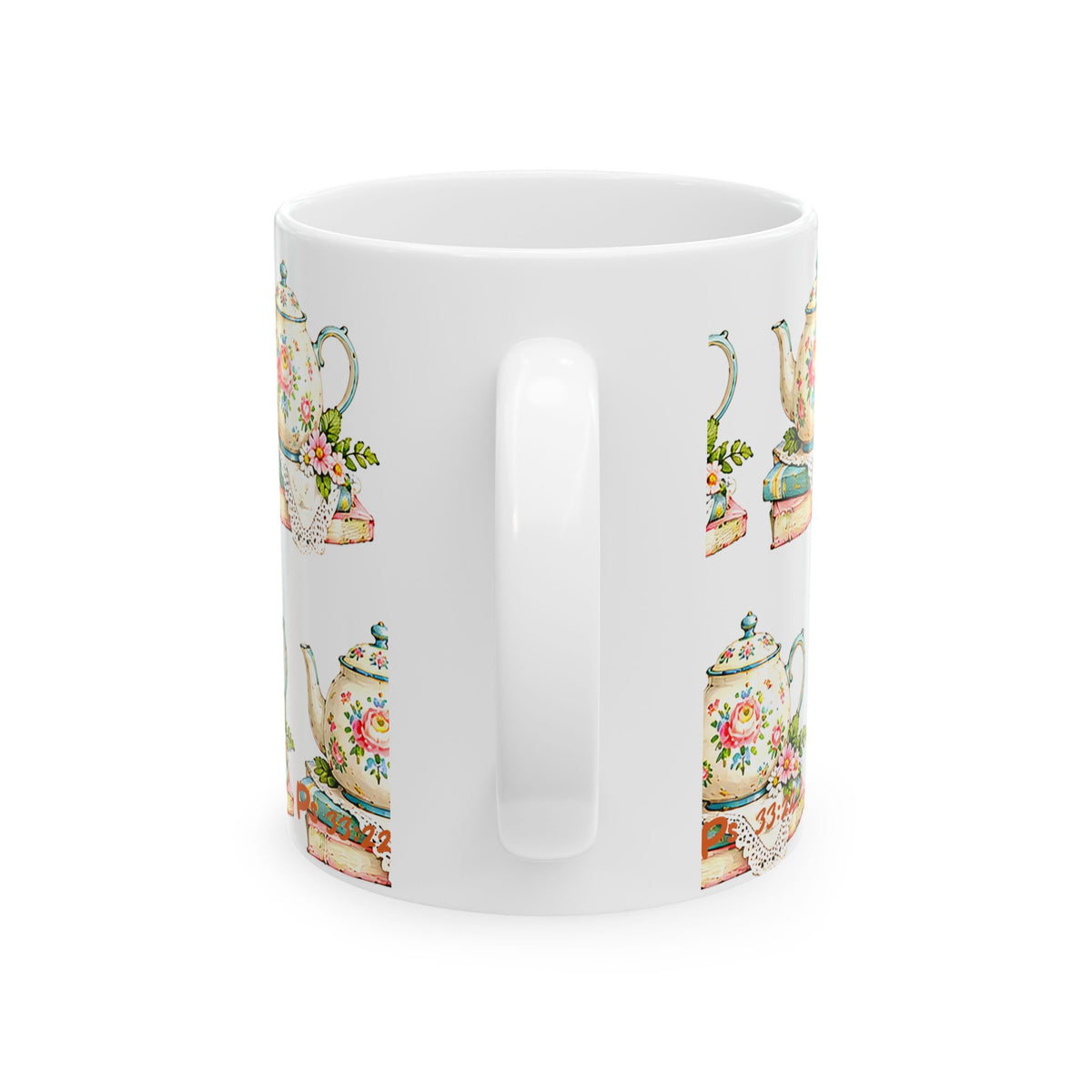 Vintage Teapot & Books Ceramic Mug — Floral Tea Time Coffee Cup (11oz, 15oz)
