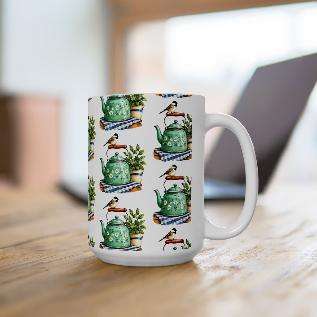 Botanical Teapot Ceramic Mug — Vintage Kitchen Plant Illustration (11oz & 15oz)