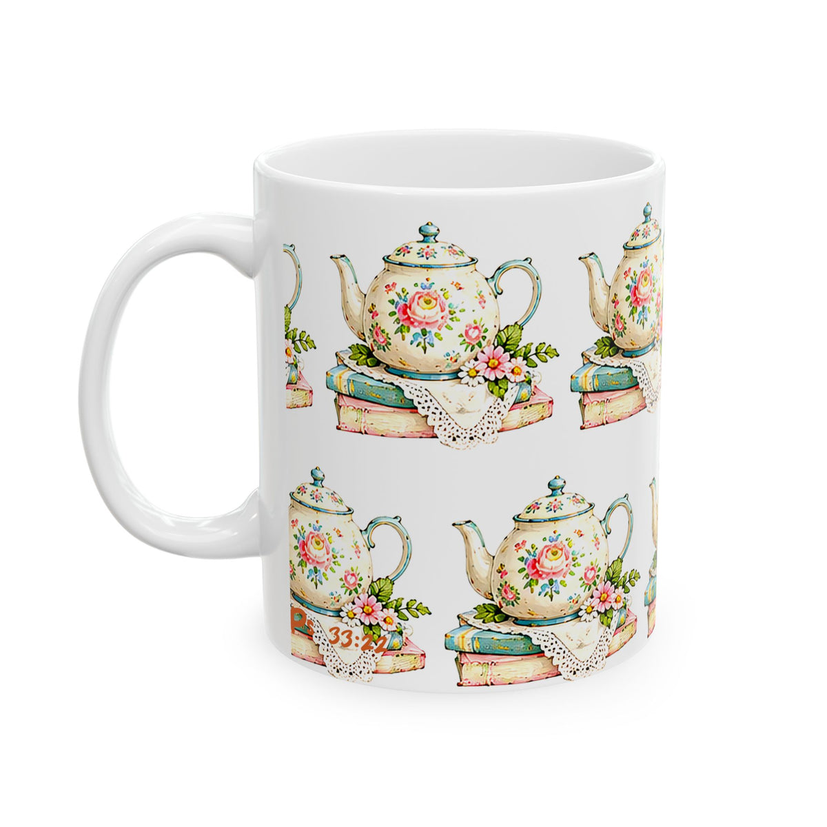 Vintage Teapot & Books Ceramic Mug — Floral Tea Time Coffee Cup (11oz, 15oz)