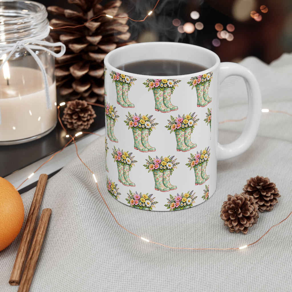 Floral Rain Boot Ceramic Mug — Watercolor Wildflower Bouquet Coffee Cup (11oz & 15oz)