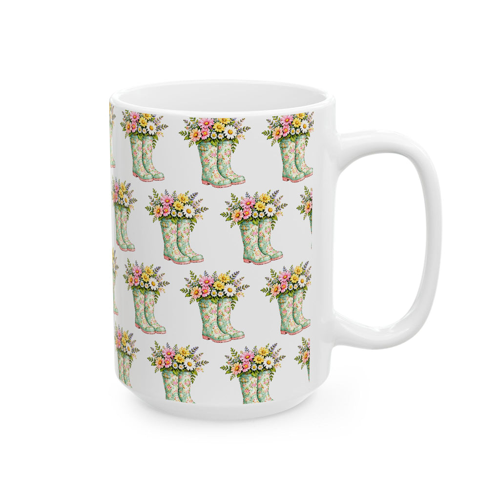 Floral Rain Boot Ceramic Mug — Watercolor Wildflower Bouquet Coffee Cup (11oz & 15oz)