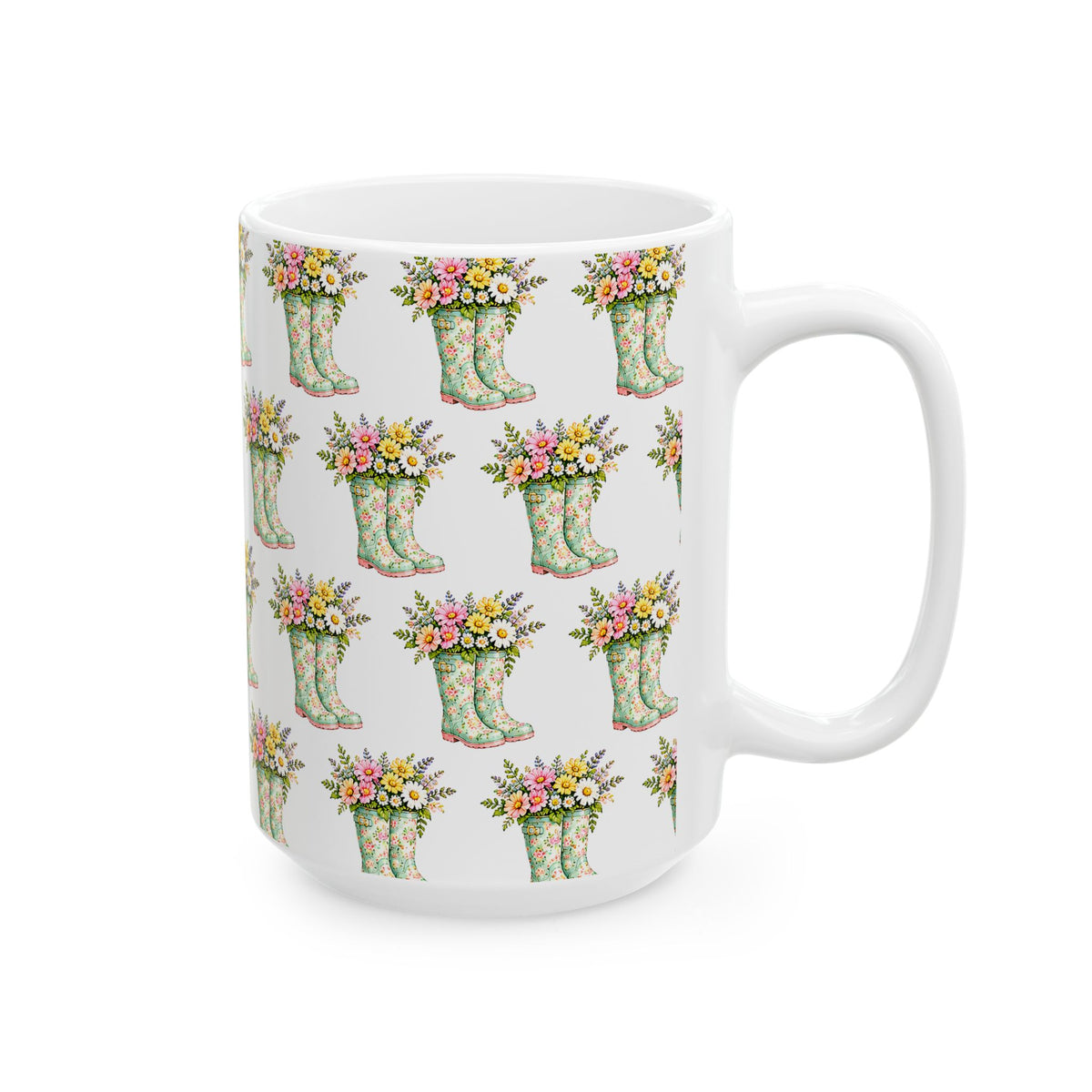 Floral Rain Boot Ceramic Mug — Watercolor Wildflower Bouquet Coffee Cup (11oz & 15oz)