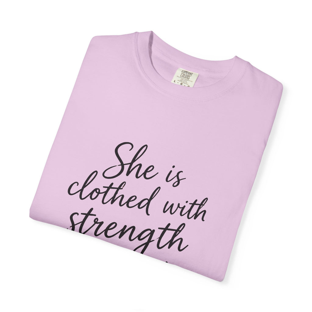 Proverbs 31:25 'She is Clothed with Strength and Dignity' Inspirational T‑Shirt