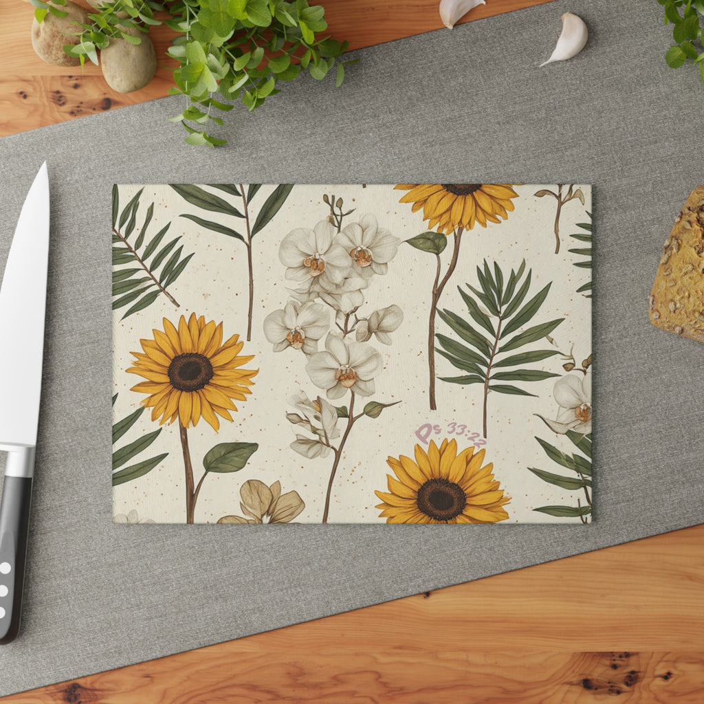 Sunflower & Orchid Glass Cutting Board – Floral Kitchen Decor