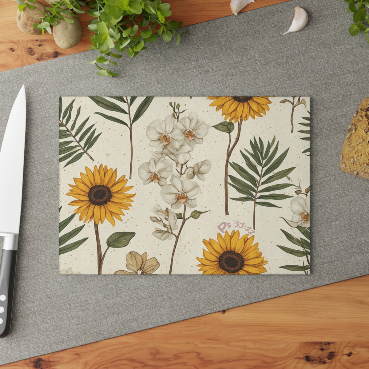Sunflower & Orchid Glass Cutting Board – Floral Kitchen Decor