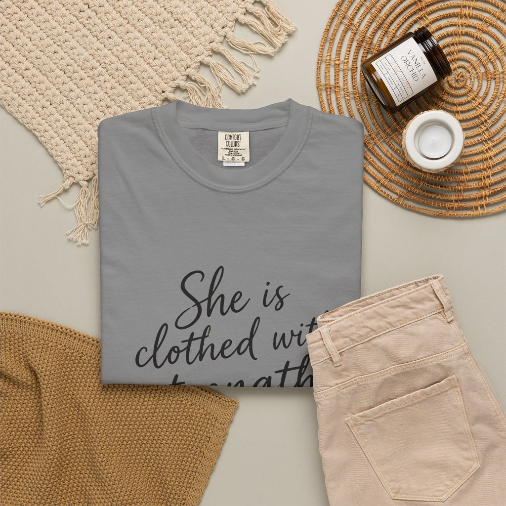 Proverbs 31:25 'She is Clothed with Strength and Dignity' Inspirational T‑Shirt