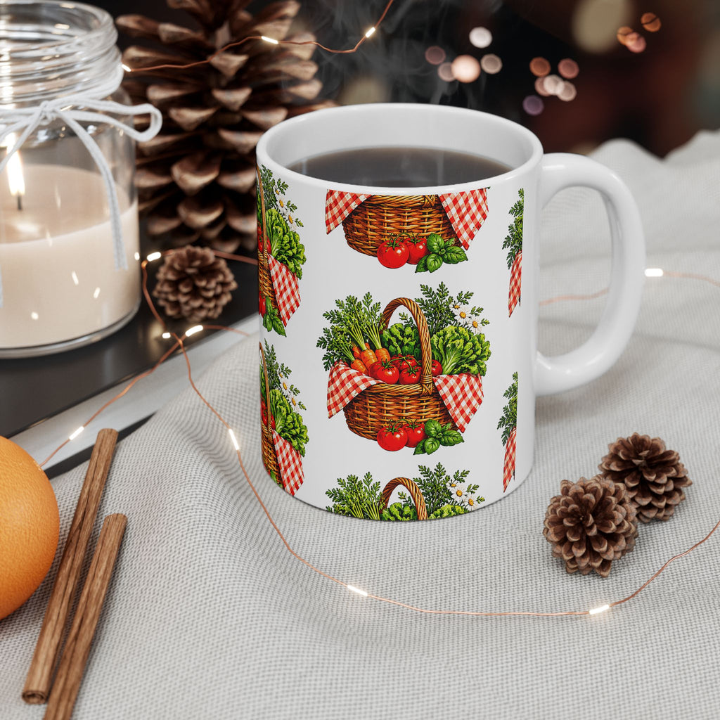 Garden Harvest Mug — Vintage Picnic Basket Vegetables Coffee Cup (11oz/15oz)