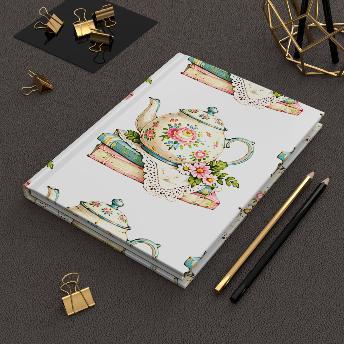 Floral Teapot and Books Hardcover Journal