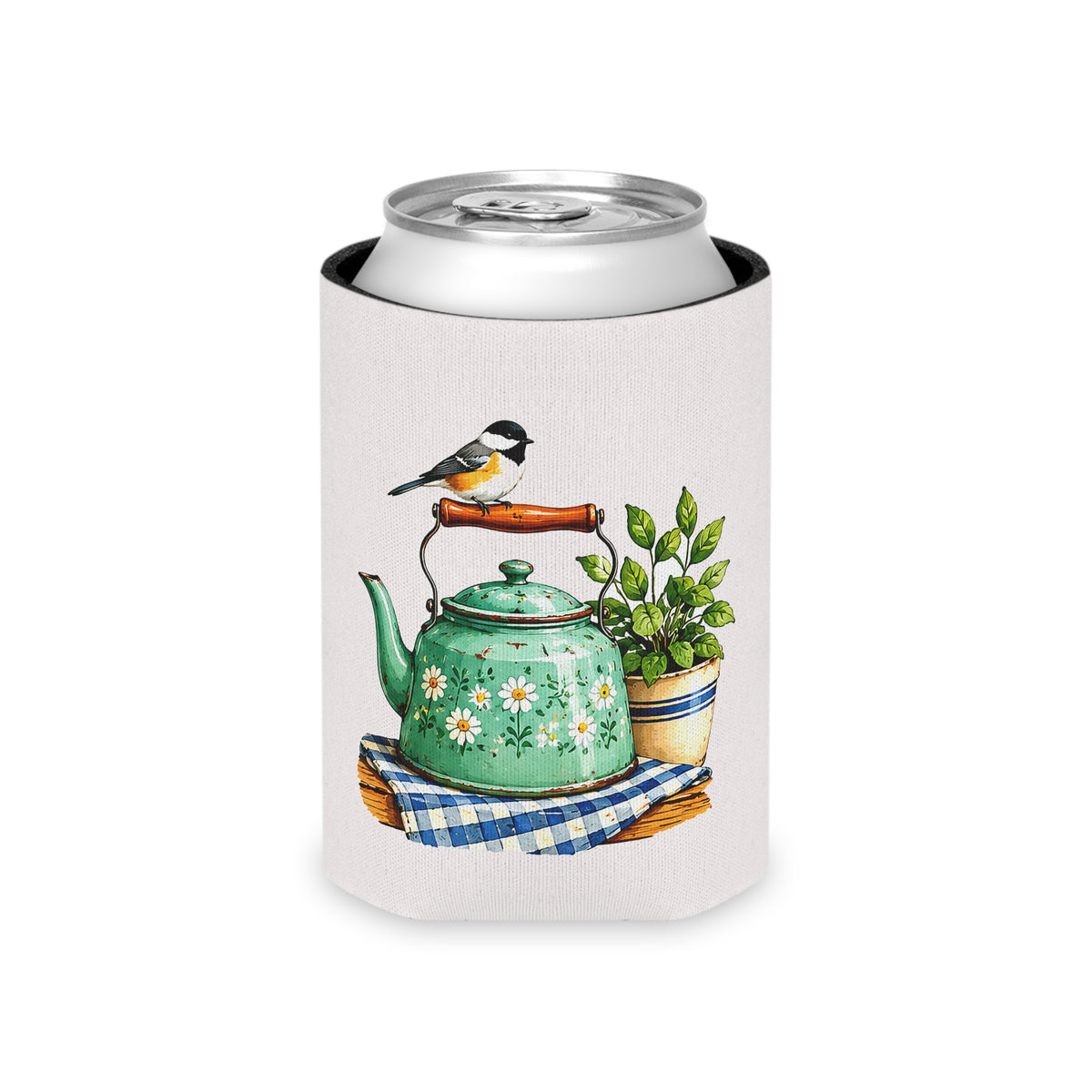 Vintage Teapot & Songbird Can Cooler