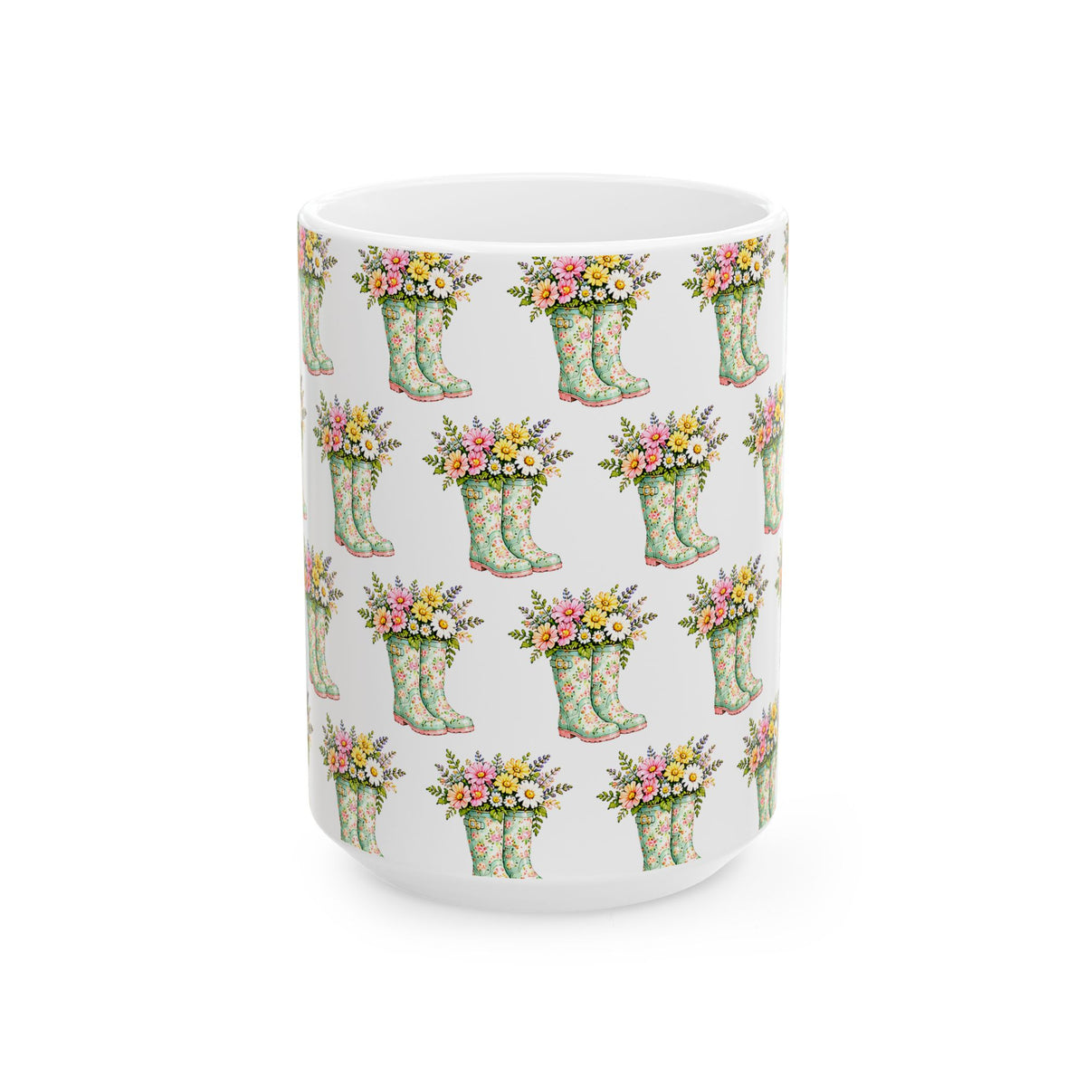 Floral Rain Boot Ceramic Mug — Watercolor Wildflower Bouquet Coffee Cup (11oz & 15oz)