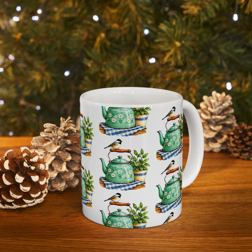 Botanical Teapot Ceramic Mug — Vintage Kitchen Plant Illustration (11oz & 15oz)