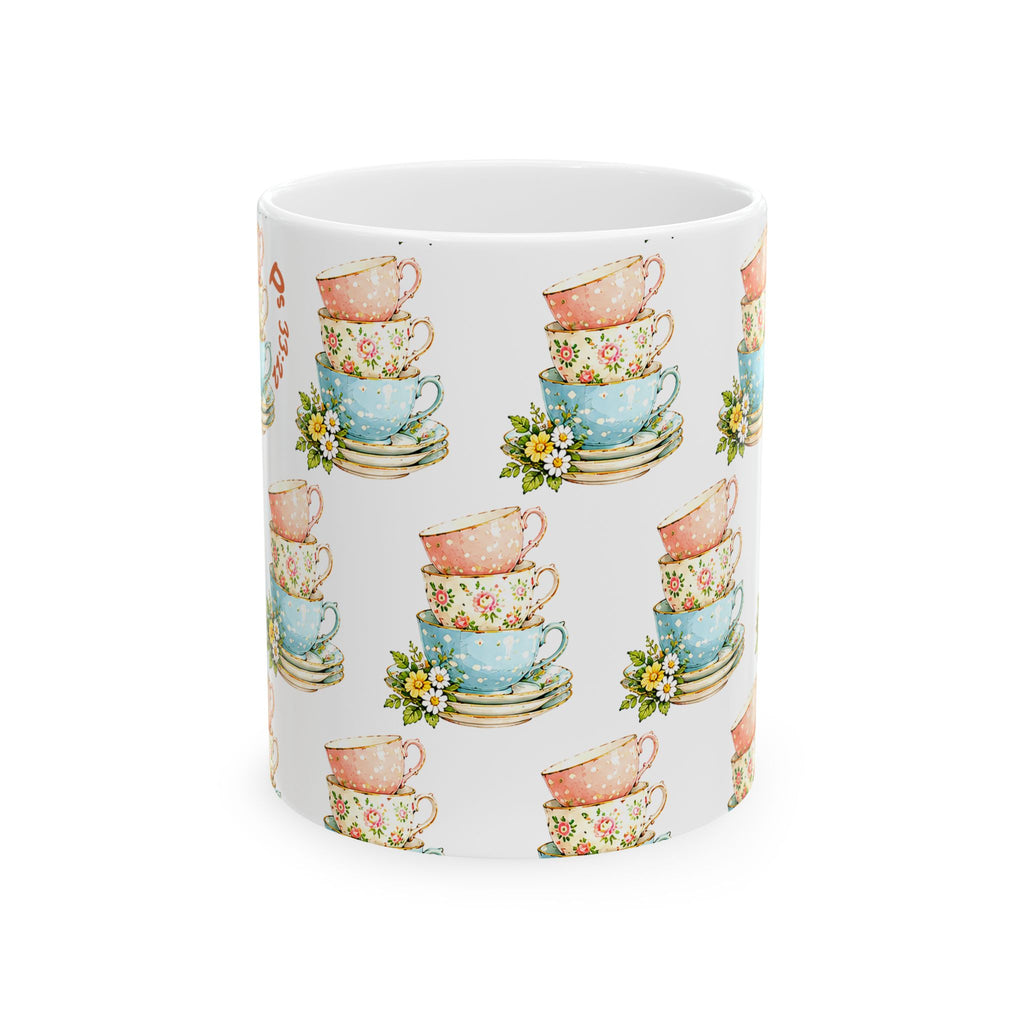 Stacked Teacups Floral Ceramic Mug – Vintage Tea Party Coffee Cup (11oz, 15oz)