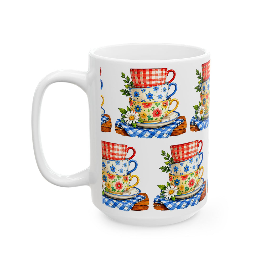 Stacked Floral Teacups Ceramic Mug – Country Cottage Kitchen Gift (11oz & 15oz)