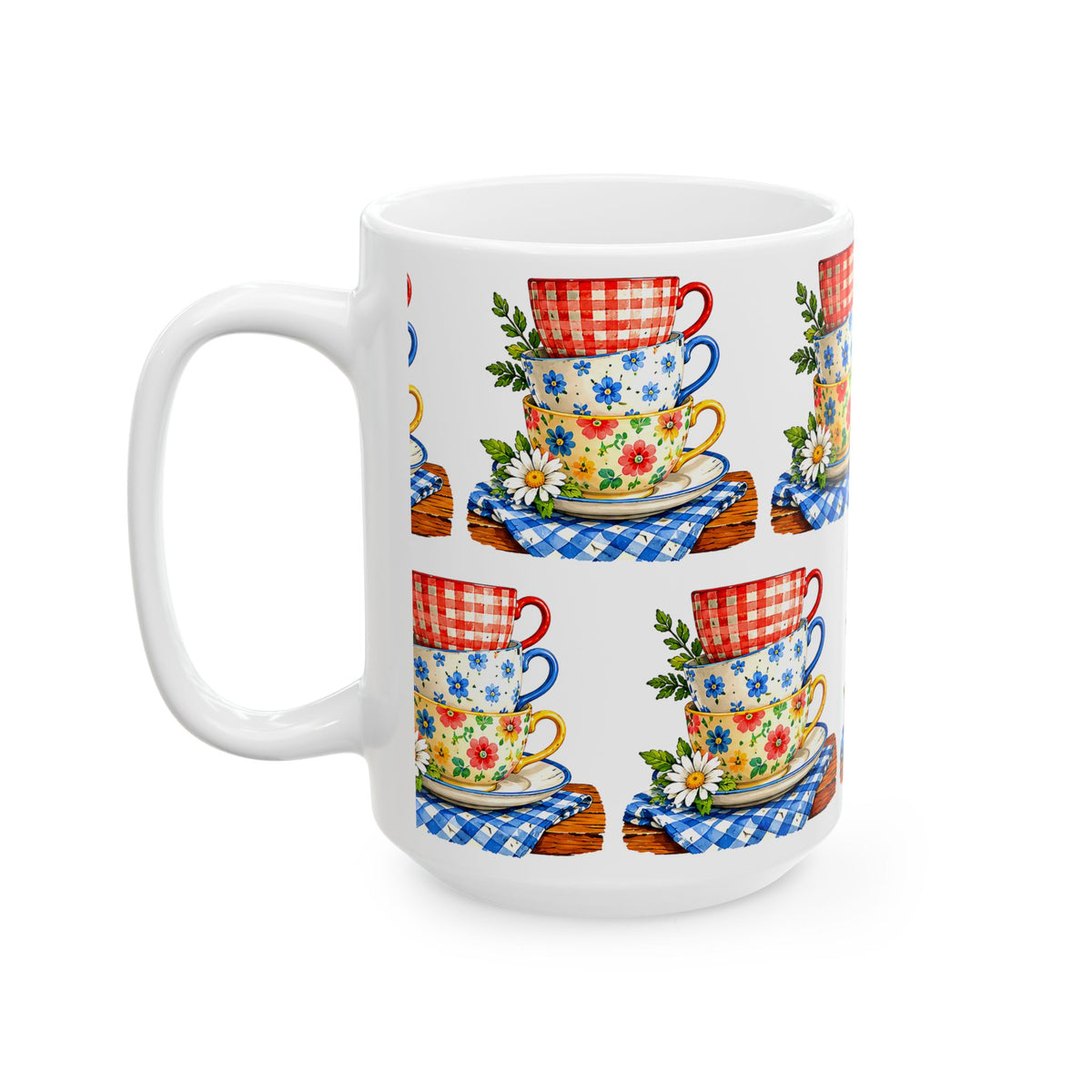 Stacked Floral Teacups Ceramic Mug – Country Cottage Kitchen Gift (11oz & 15oz)