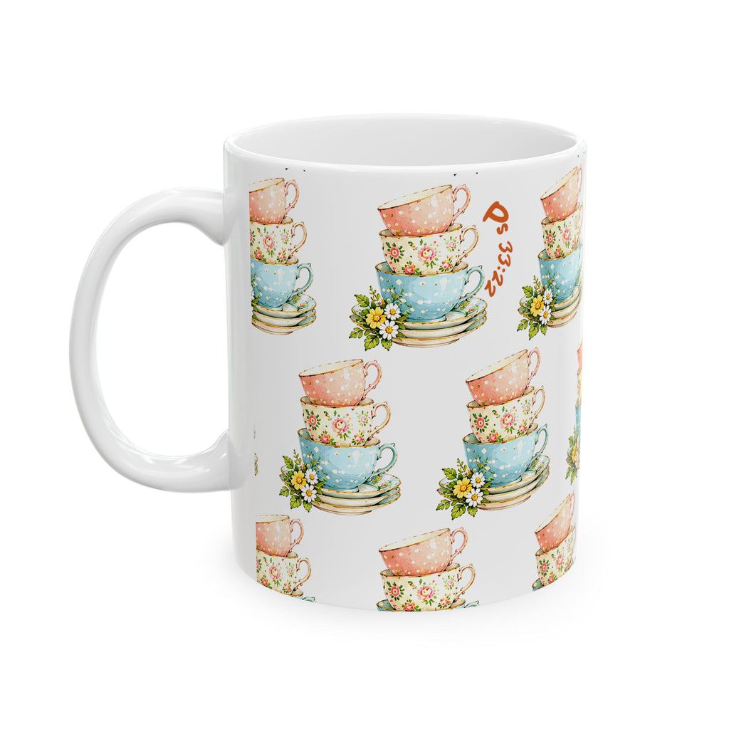 Stacked Teacups Floral Ceramic Mug – Vintage Tea Party Coffee Cup (11oz, 15oz)