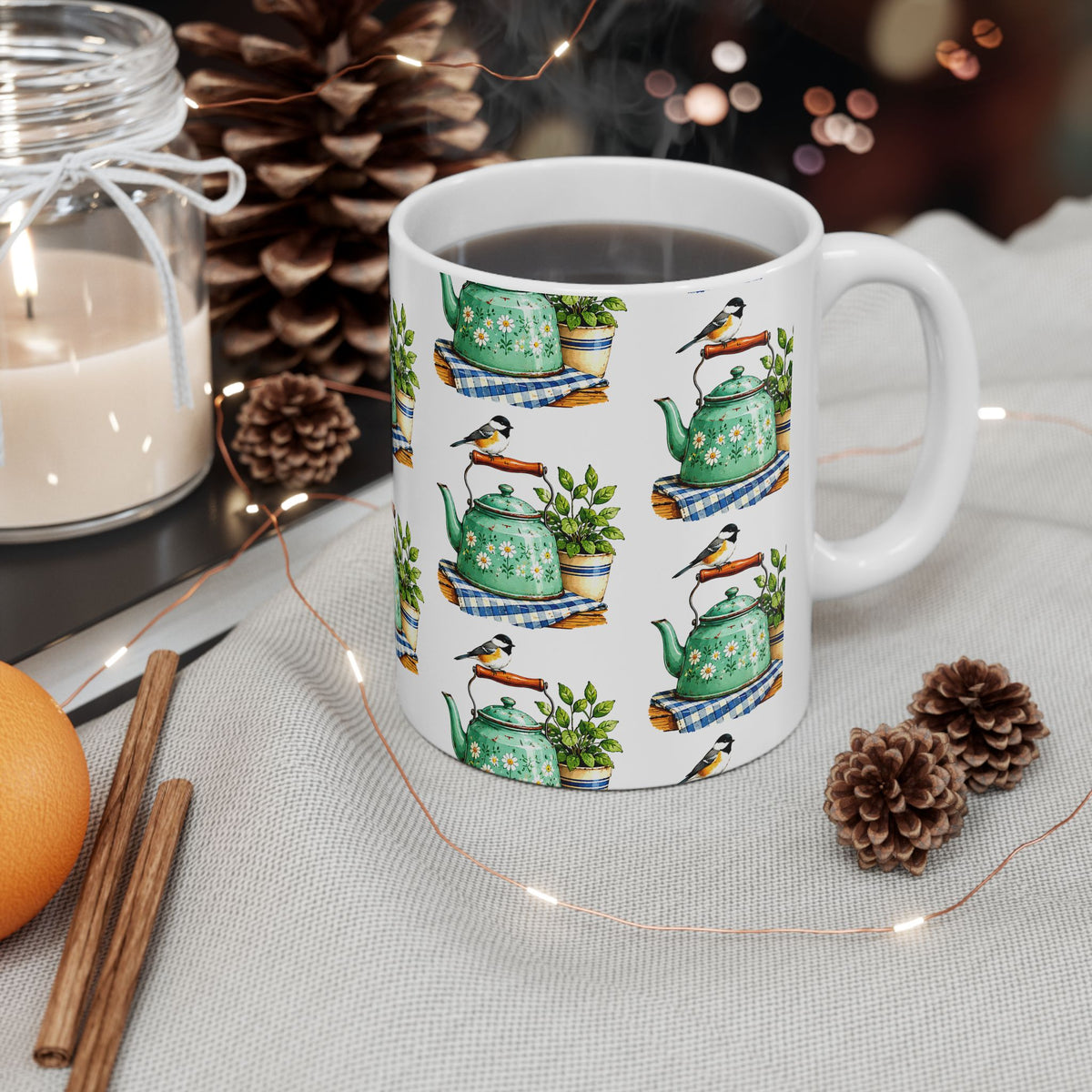 Botanical Teapot Ceramic Mug — Vintage Kitchen Plant Illustration (11oz & 15oz)
