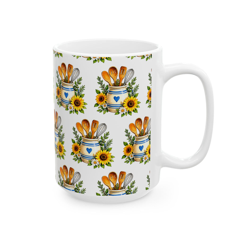 Sunflower Kitchen Tools Ceramic Mug – Rustic Baking Utensils Coffee Cup (11oz & 15oz)