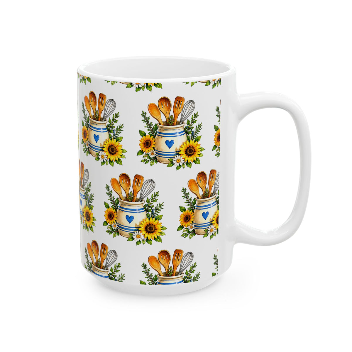 Sunflower Kitchen Tools Ceramic Mug – Rustic Baking Utensils Coffee Cup (11oz & 15oz)