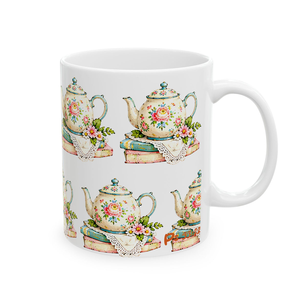 Vintage Teapot & Books Ceramic Mug — Floral Tea Time Coffee Cup (11oz, 15oz)