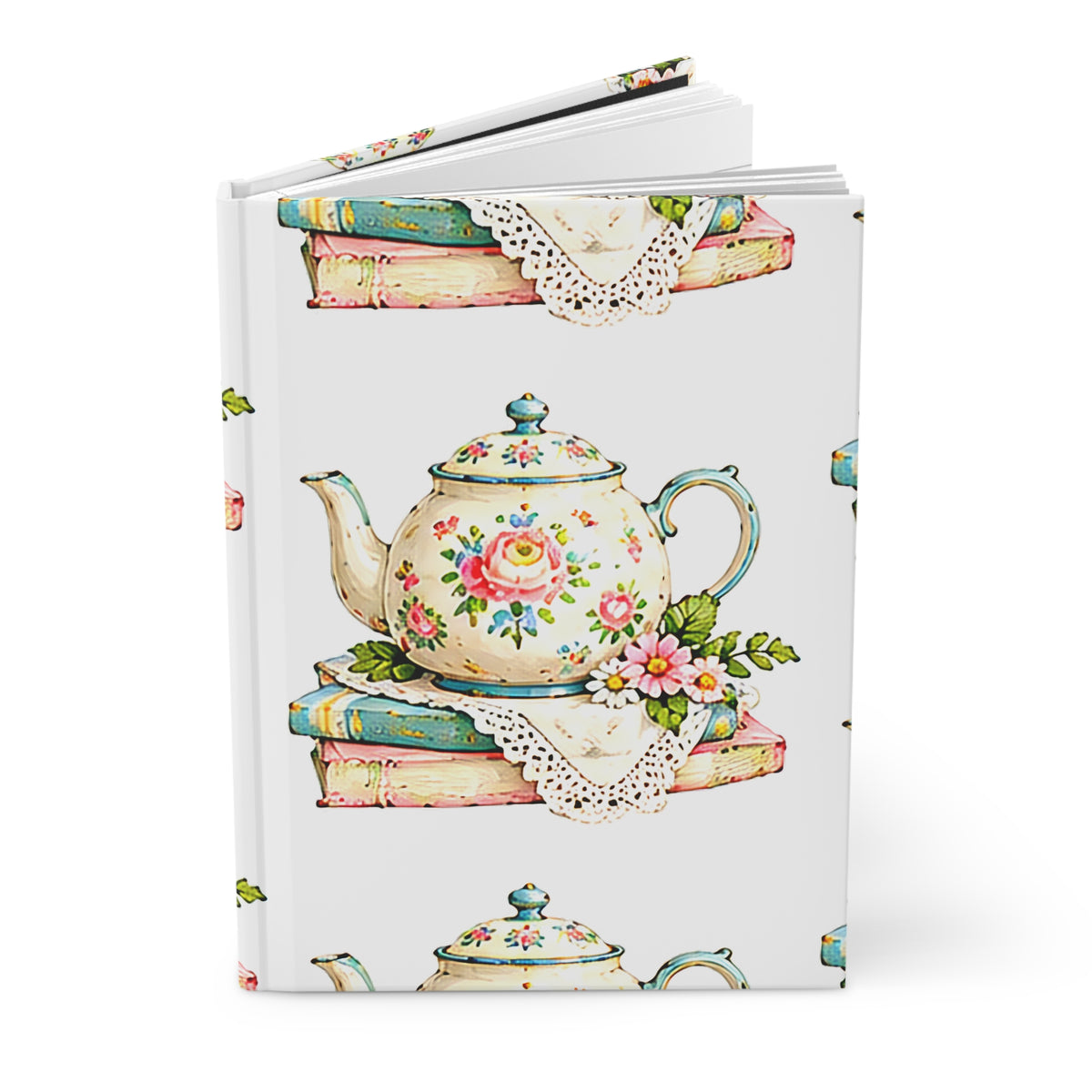Floral Teapot and Books Hardcover Journal