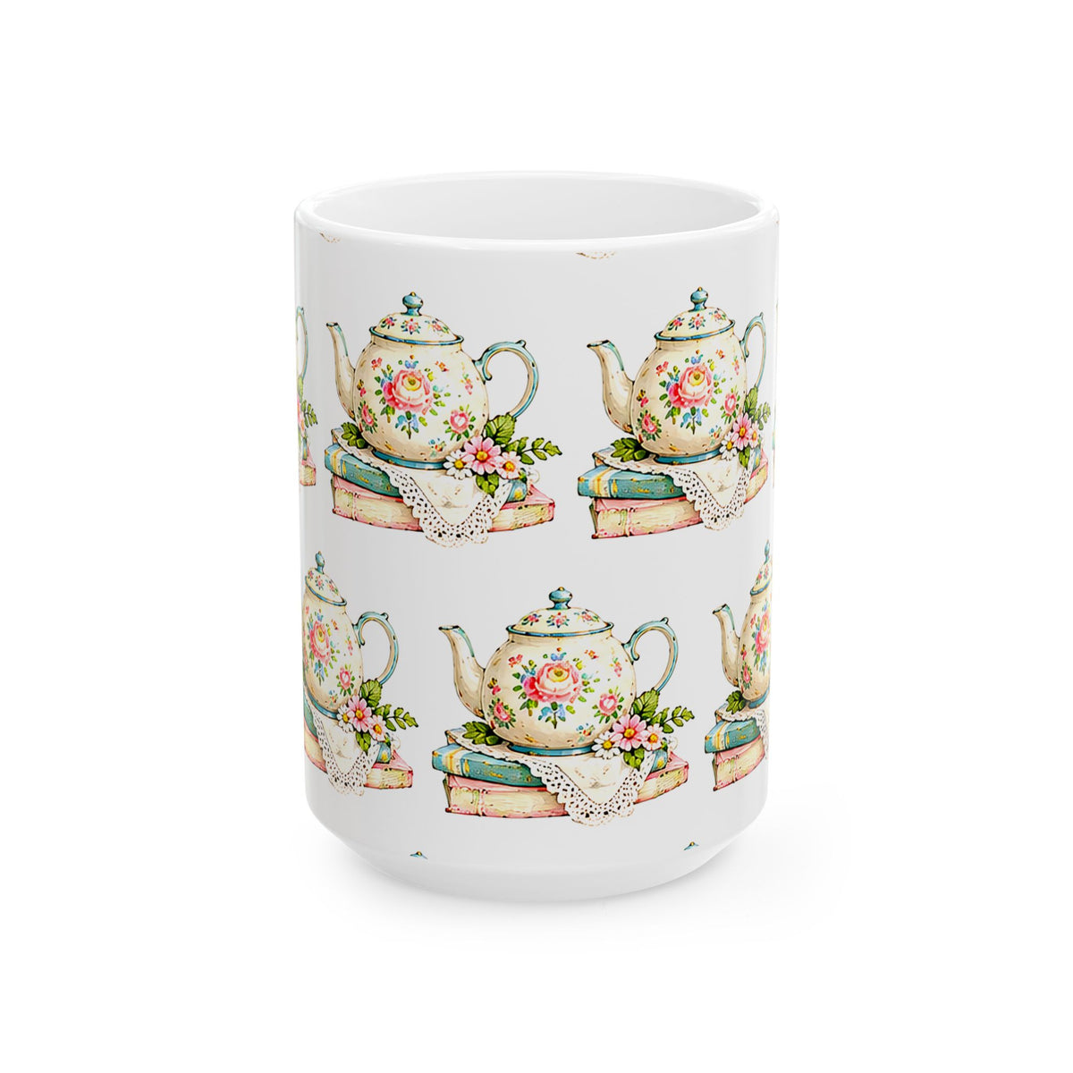 Vintage Teapot & Books Ceramic Mug — Floral Tea Time Coffee Cup (11oz, 15oz)