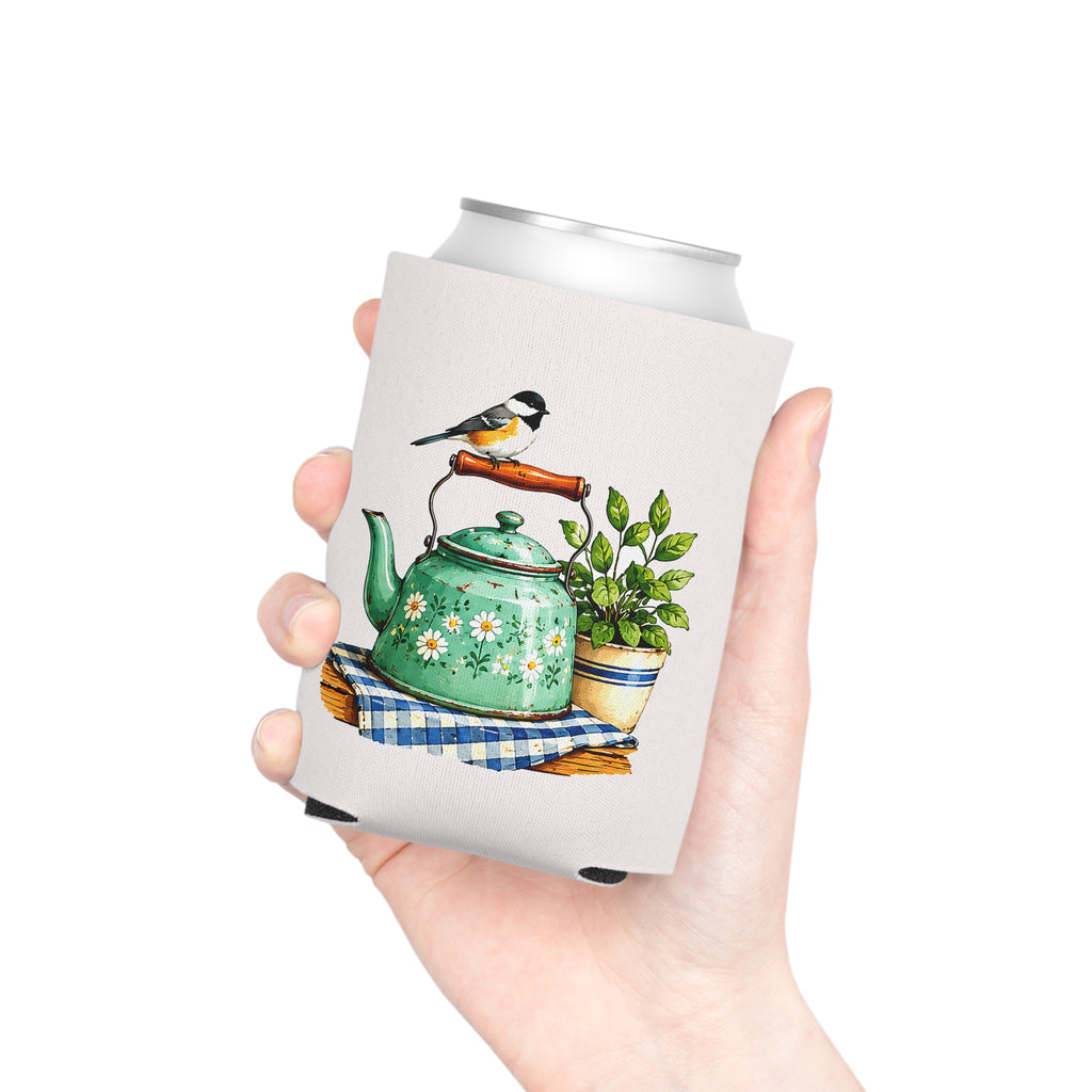 Vintage Teapot & Songbird Can Cooler