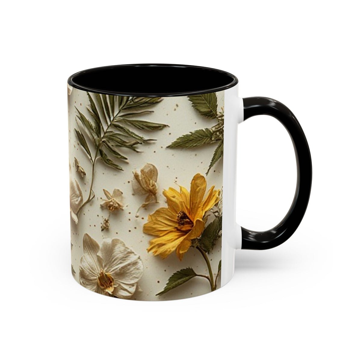 Floral Pressed Flowers Ceramic Mug — Vintage Dried Bloom Design (11oz & 15oz)