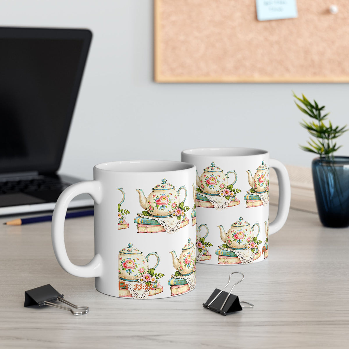 Vintage Teapot & Books Ceramic Mug — Floral Tea Time Coffee Cup (11oz, 15oz)