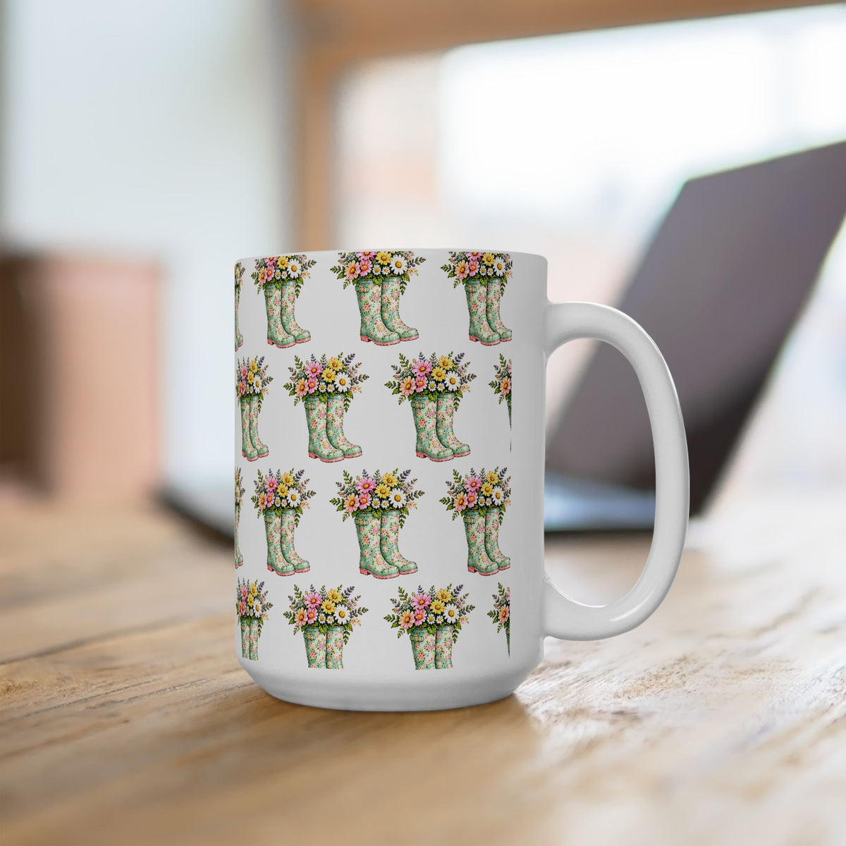Floral Rain Boot Ceramic Mug — Watercolor Wildflower Bouquet Coffee Cup (11oz & 15oz)