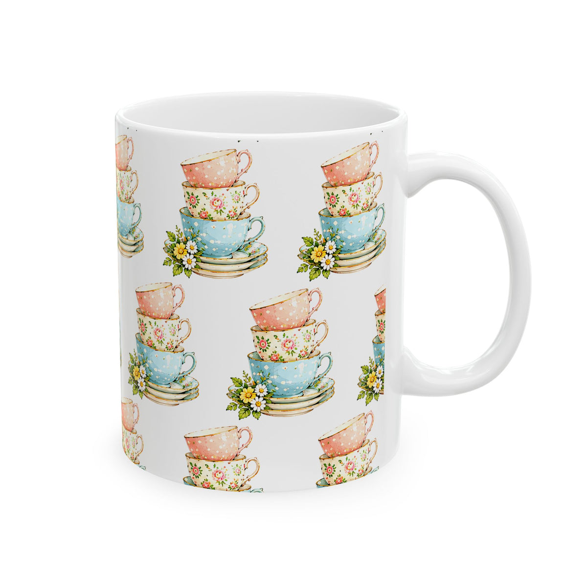 Stacked Teacups Floral Ceramic Mug – Vintage Tea Party Coffee Cup (11oz, 15oz)