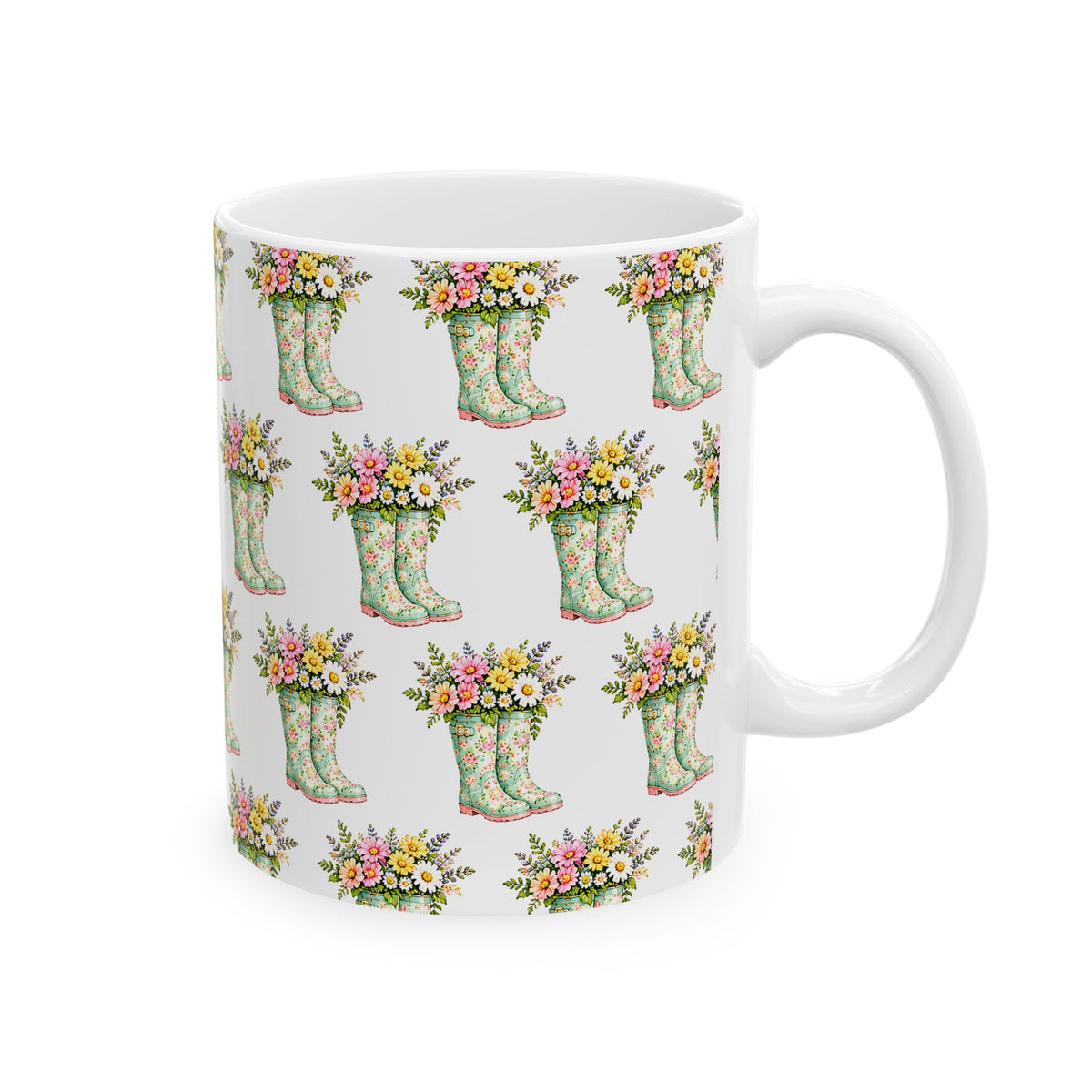 Floral Rain Boot Ceramic Mug — Watercolor Wildflower Bouquet Coffee Cup (11oz & 15oz)