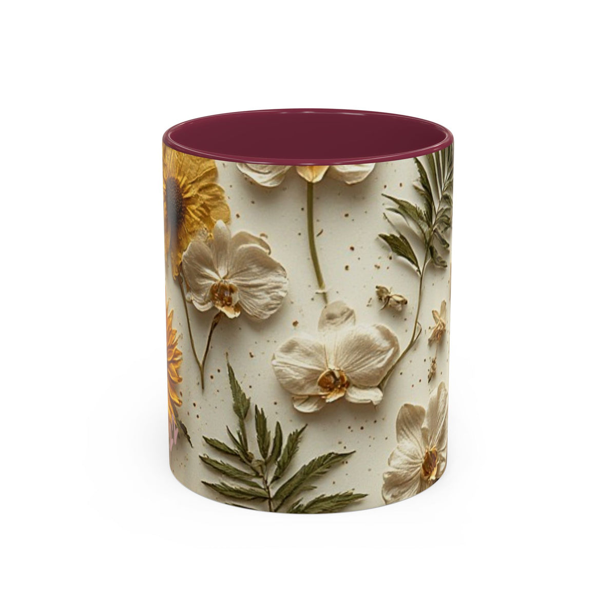Floral Pressed Flowers Ceramic Mug — Vintage Dried Bloom Design (11oz & 15oz)