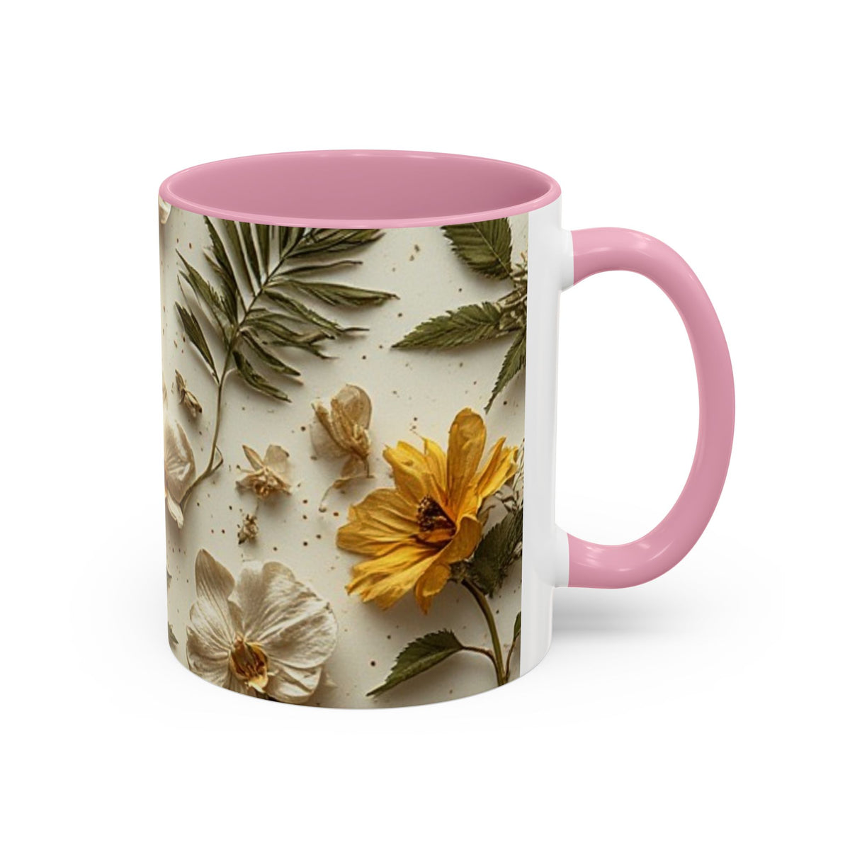 Floral Pressed Flowers Ceramic Mug — Vintage Dried Bloom Design (11oz & 15oz)