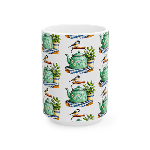 Botanical Teapot Ceramic Mug — Vintage Kitchen Plant Illustration (11oz & 15oz)