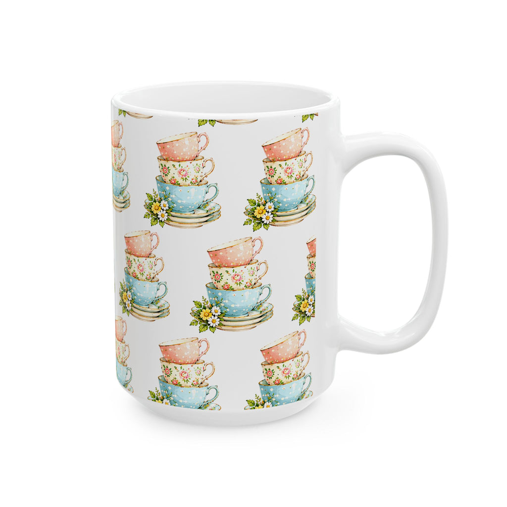 Stacked Teacups Floral Ceramic Mug – Vintage Tea Party Coffee Cup (11oz, 15oz)