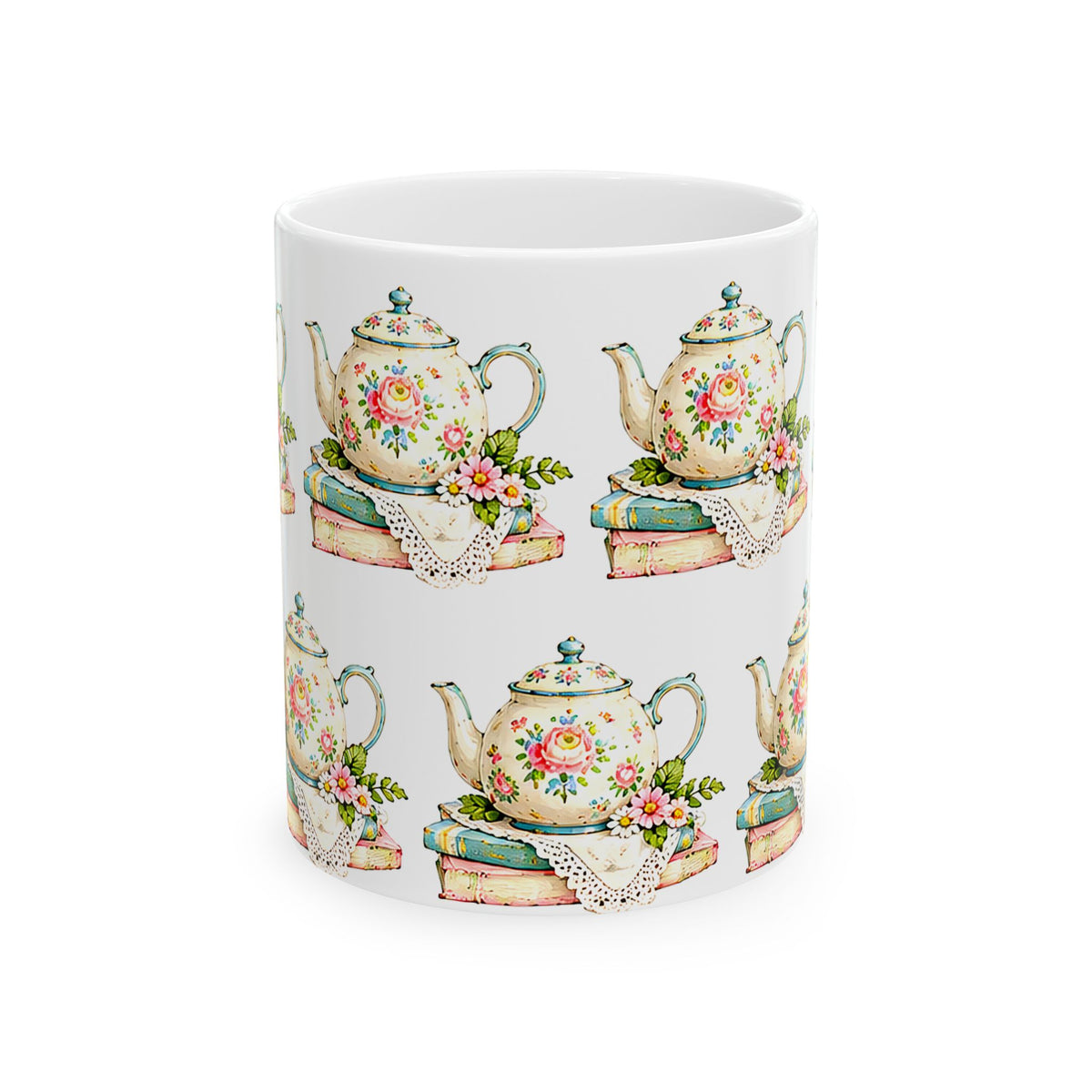 Vintage Teapot & Books Ceramic Mug — Floral Tea Time Coffee Cup (11oz, 15oz)